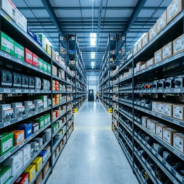 Warehouse aisles stocked with boxed electrical and industrial spare parts